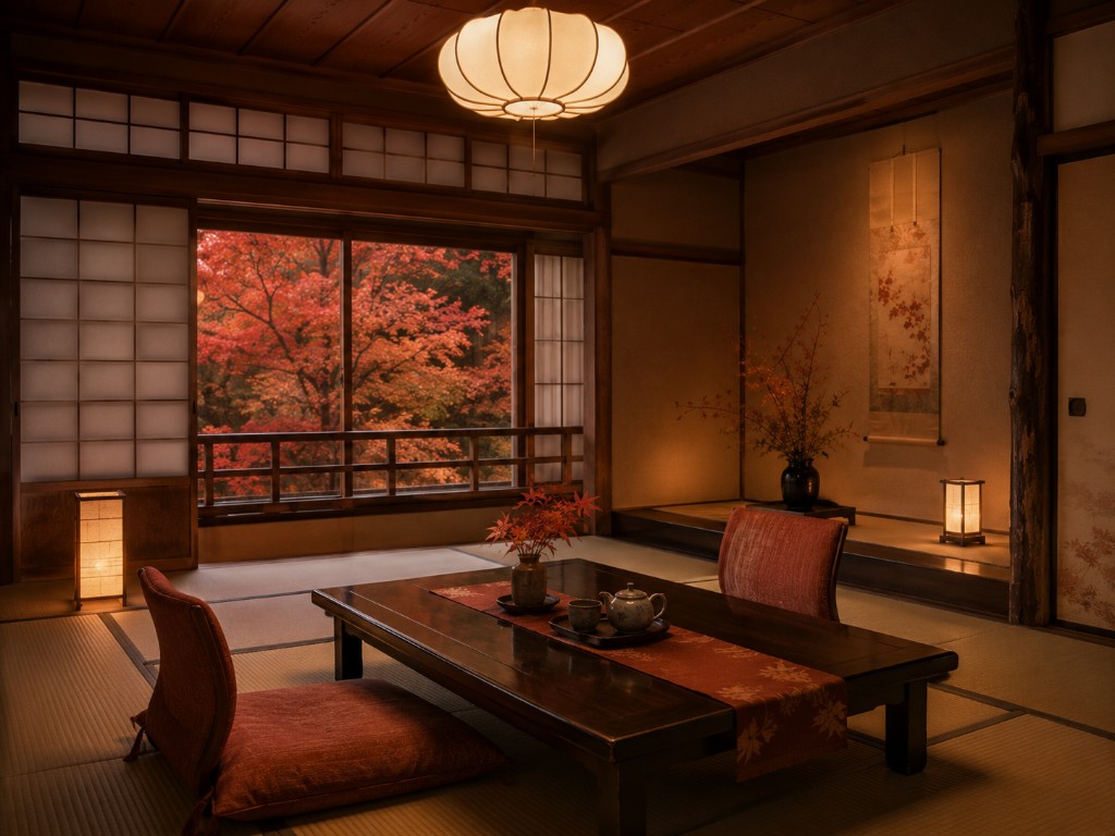 紅葉の間の和室、窓外の紅葉
