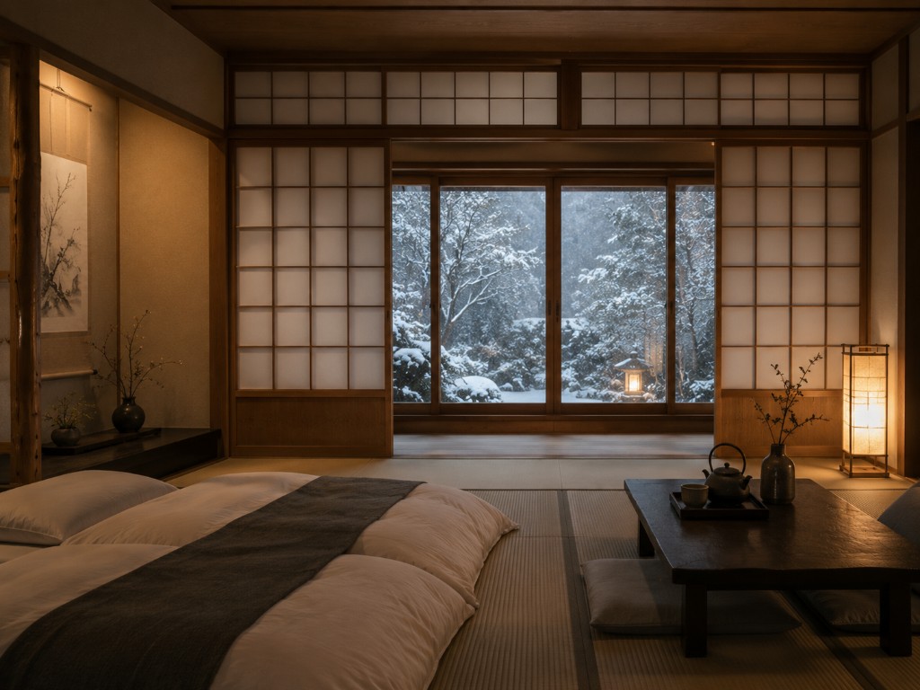 雪待の間の和室、雪景色の庭