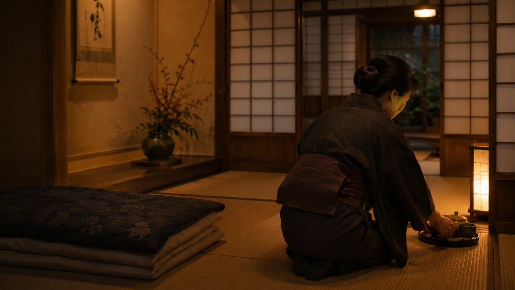 和室でお茶を用意する女主人
