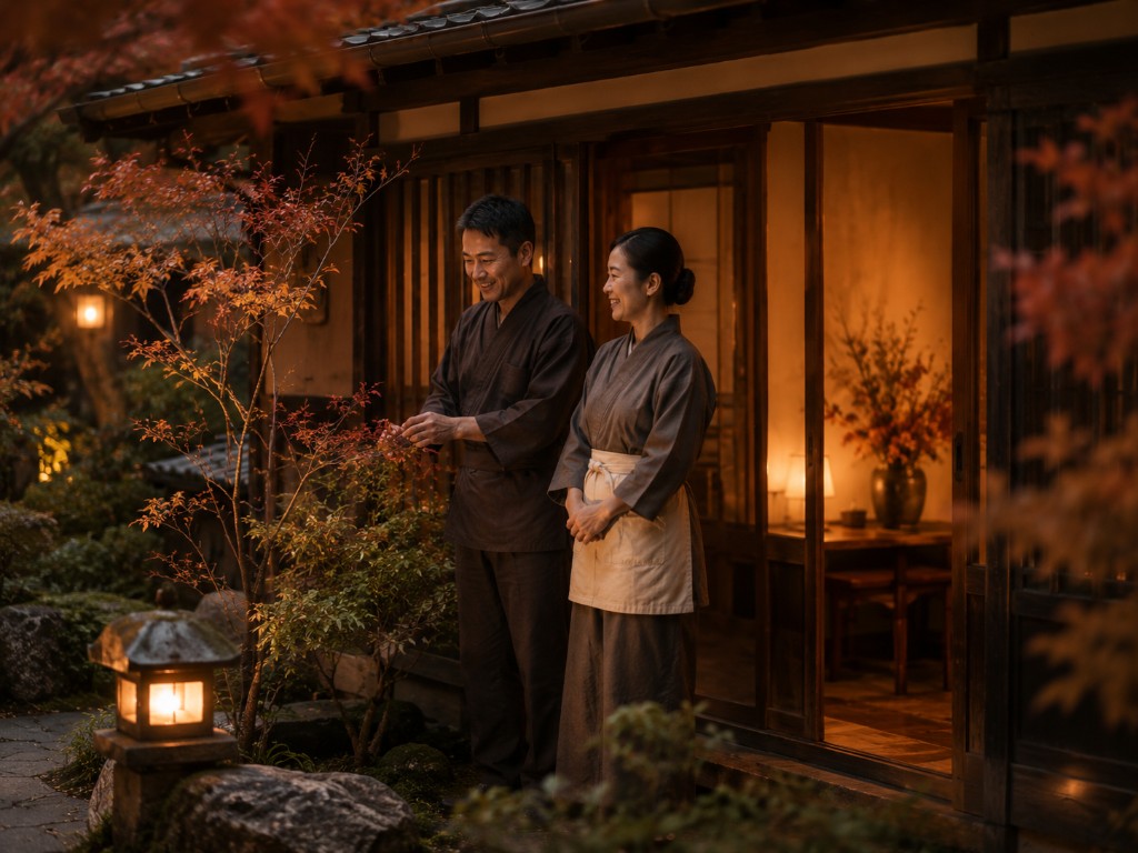 庭で笑顔の夫婦、湯の宿かたみ