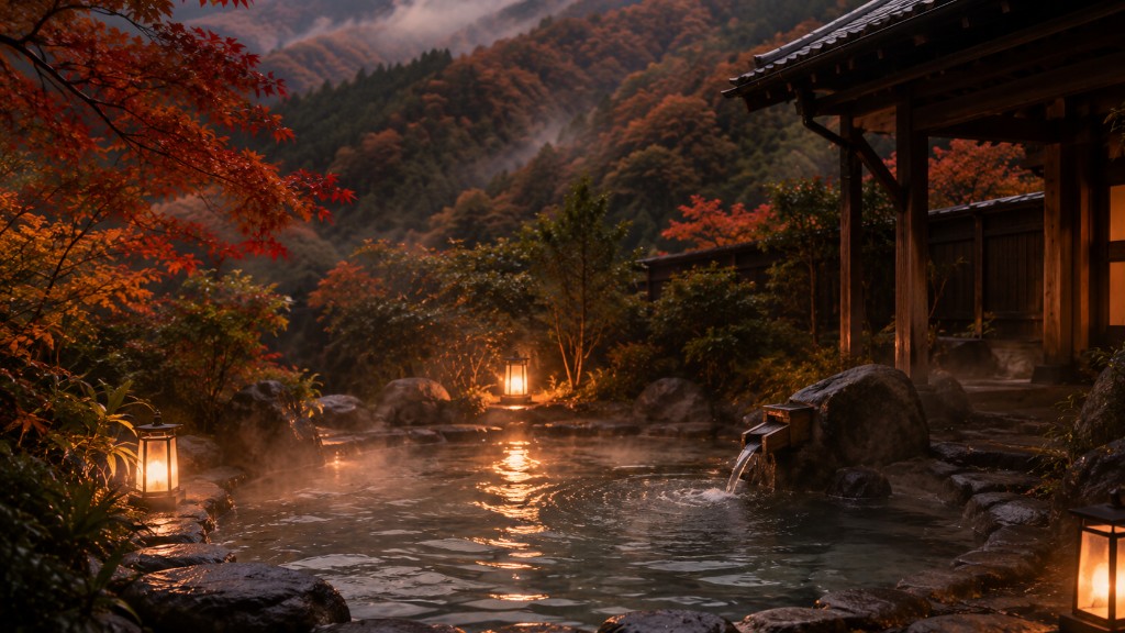 露天風呂、紅葉と灯りに包まれた湯