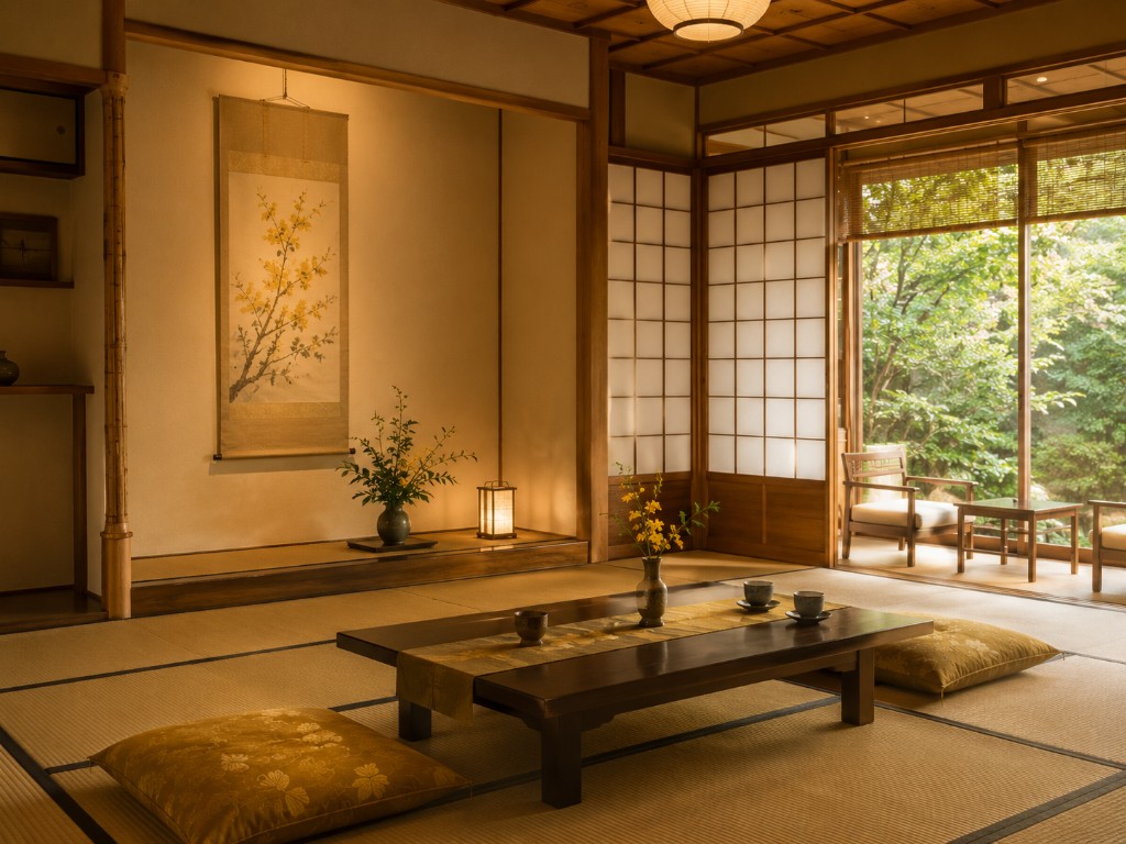 山吹の間の和室、庭と茶の間