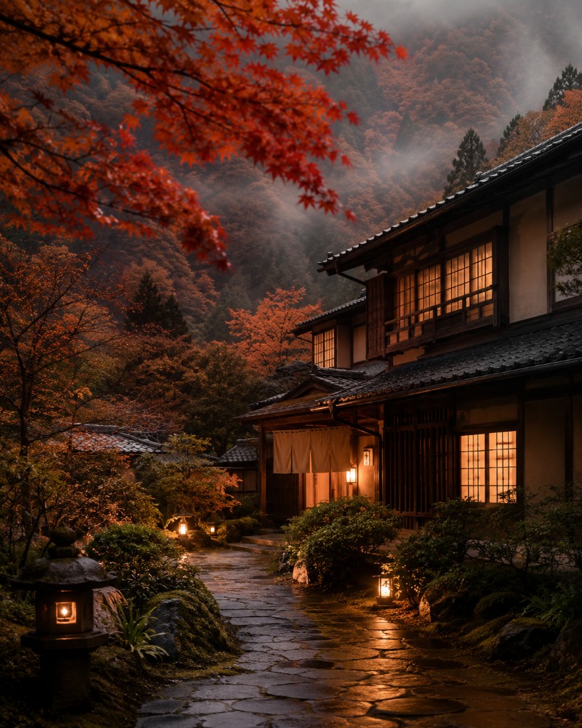 秋の紅葉と湯の宿の外観